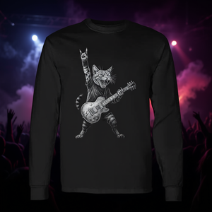 T-Shirt a Maniche Lunghe con Gatto Chitarrista Rock and Roll, Immagine Promozionale di Gatto Musicista Rock - Product Image 3
