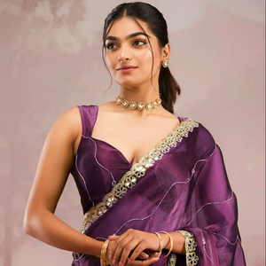Sari de seda suave pura India estilo Bollywood con borde de encaje bordado y pieza de blusa, Sari de fiesta. - Product Image 1