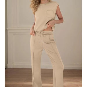 Ensemble de vêtements de détente d'été 2 pièces pour femmes débardeur court pantalon de survêtement à jambes larges survêtement tenues décontractées - Product Image 1