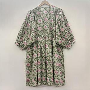 Vestido Largo Bohemio de Algodón 2025, Manga Corta, Cuello en V, Botones, Estampado a Mano, Estilo Urbano, Casual, Natural, Lavable - Product Image 3