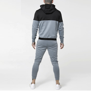 ชุดวอร์มผู้ชายแบบมีฮู้ดซิปเต็มชุดออกกำลังกายผ้าฝ้าย100% ชุดกีฬาสองชิ้นสีดำเทาเข้ม - Product Image 2