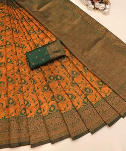 TENDANCE BANARASI Tissage de Soie Saree avec chemisier non cousu VÊTEMENT DE MARIAGE PRIX DE GROS VÊTEMENT ETHNIQUE JAUNE - Product Image 1