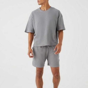 ชุดสูทผ้าฝ้ายสองชิ้นชุดวอร์มเสื้อวอร์มลำลองสำหรับผู้ชายชุดผ้าฝ้าย100% โอเวอร์ไซส์แขนสั้นออกแบบโลโก้ได้ตามต้องการ - Product Image 3