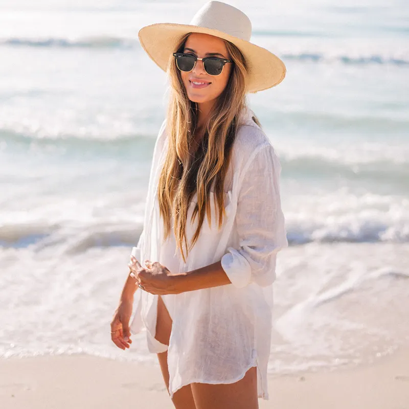 Comfy Casual 8 Solid Colors Slubbed Fabric Button Shirt Beach Wear Blouse Bikini Cover Up