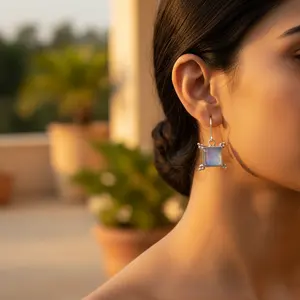 Boucles d'oreilles pendantes en argent 925 avec perle d'eau douce et diamant, plaqué or, pierre de lune carrée pour femmes - Product Image 1