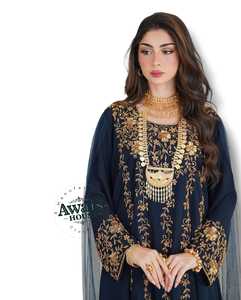 Vestido Largo de Gasa con Escote en V, Manga Larga, Lentejuelas, Perlas, Cristales y Bordado a Mano, Estilo Sencillo y Modesto - Product Image 3