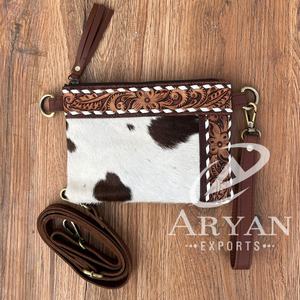 Tooled Leather Crossbody Handbag for Women Designer Premium Quality 100% Genuine Leather Long Strap Purse Phone Wristlet Wallets - Product Image 1