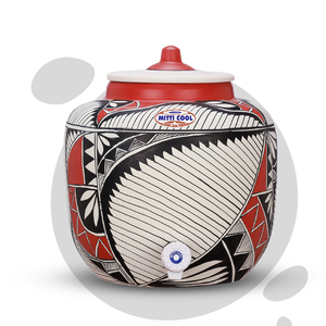 Dispensador de agua de terracota cilíndrico alto con tapa y grifo plateado-Purificador de agua de arcilla natural y enfriador con base - Product Image 3