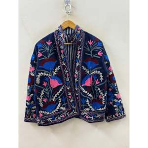 Jaipur Handcrafted Embroidered Velvet <b>Quilted</b> Sheep Skin <b>Jacket</b> Floral <b>Pattern</b> Stand Collar Prairie Chic Women's Outerwear Quick - Product Image 2