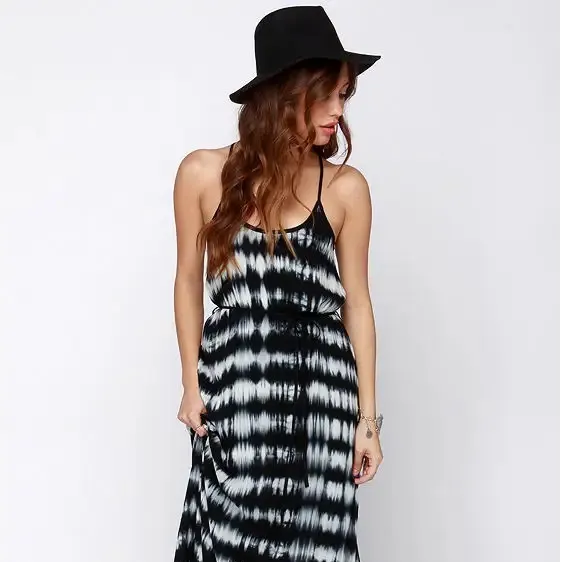 New Design Black And White Resort Wear Tie And Dye Floor Length Party Wear Sleeveless Dress For Women