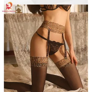 Sexy japanese girls leopard print leggings garter belt stockings lace see through fishnet compression stockings