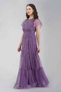 Robe de soirée élégante Aline, longueur au sol, ornée de perles, de sequins et de fleurs, robe de bal, robes de cocktail, violet - Product Image 4