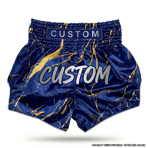 Shorts de Muay Thai personnalisés en satin bleu avec texte personnalisé et imprimé marbré doré complexe – Vente en gros de shorts de Muay Thai - Product Image 2