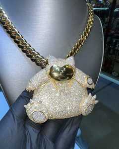 Pendentif ours en peluche luxueux serti de diamants avec chaîne cubaine dorée, bijoux en argent sterling mignons avec moissanite et cristal/strass - Product Image 4