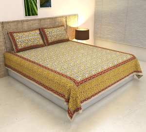 Beautifully Hand Block Printed Floral Print Yellow Abstract Cotton <b>Double</b> Size Bedsheet With 2 <b>Pillow</b> Covers OEM At Best Price - Product Image 6