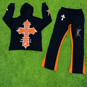 Conjunto de chándal unisex negro y naranja, Sudadera con capucha y pantalones de Jogger estampados personalizados, diseño cruzado, traje de calle de dos piezas - Product Image 2