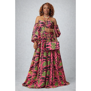 Vestido largo rosa Ankara verde lima con hombros descubiertos y cintura imperio - Product Image 1