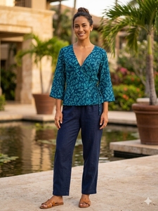 Blusa de Mujer con Cuello en V, Estampada, Tejida, con Manga Campana, Cierre Cruzado con Lazo, Corte Holgado, de Algodón y Rayón, para Primavera/Verano, Estilo Casual - Product Image 5