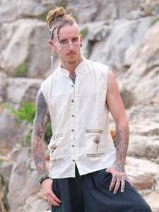 เสื้อเชิ้ตวันหยุดฤดูร้อนแขนกุดผ้าคอตตอนแท้100% พิมพ์ลายบล็อกสีน้ำตาล - Product Image 4