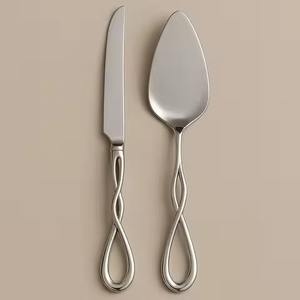 Ensemble couteau à gâteau design en métal et serveur avec poignées torsadées élégantes outils à dessert en acier inoxydable pour réceptions de mariage - Product Image 1