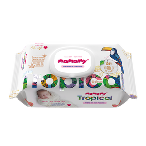 Lingettes humides pour bébé OEM Mamamy Tropical, 90 pièces, tissu non tissé, 200 mm x 150 mm, 100 % rayonne, huile de calendula et d'Inca Inchi, avec capuchon - Product Image 1