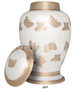 Urnas de cremación de latón con mariposas grabadas en perlas blancas para cenizas humanas Bolsa de terciopelo gratis - Product Image 1