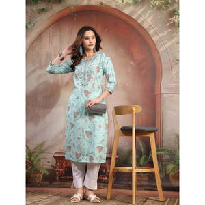 Kurta de Algodón Verde Bordada para Mujer, Blusa Modesta - Product Image 4