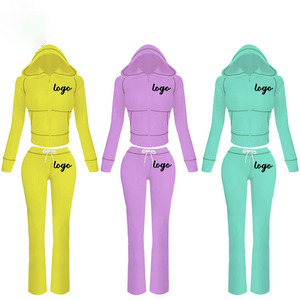 Tricot gaufré pour femmes pour ensemble de vêtements de salon veste à capuche zippée et pantalon évasé hauts longs vêtements pour femmes ensemble 2 pièces - Product Image 1