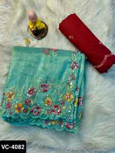 Indian Ethnic Wear Fancy Thread Sequence Work Sari con satén Banglory Blusa con blusa de trabajo completamente bordada para mujer - Product Image 3