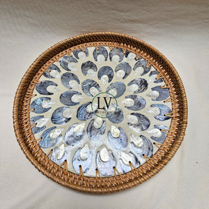 Produit phare : Plateau de service en rotin naturel avec incrustation de nacre, plateau tissé décoratif pour table basse, vente en gros depuis le Vietnam - Product Image 2