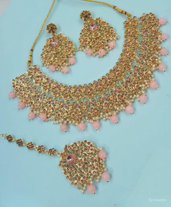 New Design Gold Plated Traditional Drop Pearl & Kundan Studded Earring Mangtika <b>Choker</b> Necklace Set & Jewellery Set for <b>Women</b> - Product Image 1