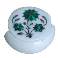 Ensemble de dessous-de-verre en marbre blanc incrusté Art Déco, fait à la main, motif floral, pierre Pietra Dura, 4 pièces, décoration de table à thé ou à café, cadeau