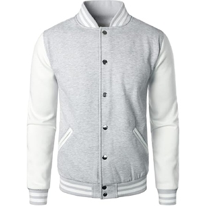 Chaqueta Varsity Clásica para Hombre en Gris Jaspeado y Blanco, Estilo Bomber con Ribete Acanalado a Rayas - Product Image 1