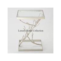 Mesa auxiliar de acero inoxidable en forma de Z, pantalla de Color plateado con espejo, mesa auxiliar hecha a mano pulida con tapa de cristal, forma cuadrada