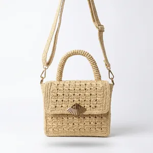 Handwoven Raffia Fashion <b>Messenger</b> <b>Bag</b> with Polyester Lining and Metal Clasp Woven Shoulder Handbag for Daily Travel - Product Image 5