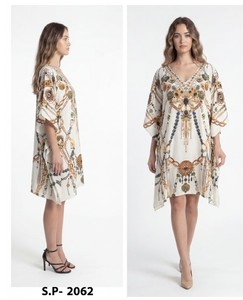 Digital Printed Feather Polysilk <b>Kaftan</b>-<b>Summer</b> Casual Women's Maxi Short Sleeve - Product Image 3