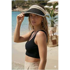 Chapeau de soleil en paille orné de perles noires, design en tricot fin, détail boucle, accessoire élégant HSR2088 - black2088 - Product Image 5