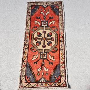 Vintage Rug, 1.6x3.5 ft Small Rug, <b>Red</b> Blue <b>Wool</b> Rug - Product Image 1