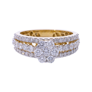 แหวนทองคำขาว 14K ชุบโรเดียม ประดับเพชรแท้ทรงบริลเลียนต์ ดีไซน์คลาสสิกสำหรับผู้หญิง วงแหวนสามแถว ประดับเพชรแบบพาเว่ รูปทรงดอกไม้ - Product Image 1