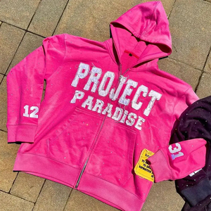 OEM personalizado desgastado apliques bordado parche sudaderas con capucha Vintage algodón calle de gran tamaño Zip up Sudadera con capucha para los hombres - Product Image 5