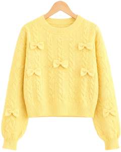 Pull en tricot torsadé jaune pastel personnalisé pour femmes avec application de nœud, manches longues, col rond, haut tendance d'hiver mignon - Product Image 1