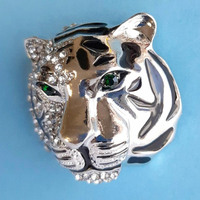 Luxe dames costume bijoux métal cristal strass argent tête de tigre broche