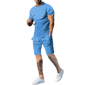 Camiseta de cuello redondo informal para hombre y pantalones cortos con cordón Conjuntos Patrón sólido Trajes de 2 piezas Chándal para verano - Product Image 3