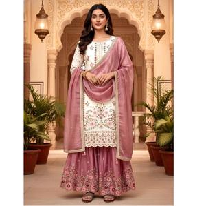 Ensemble haut, palazzo et dupatta en soie pure pour femme, design de luxe, avec broderies riches, pour tenue de soirée et tenue ethnique, destiné à l'exportation. - Product Image 1