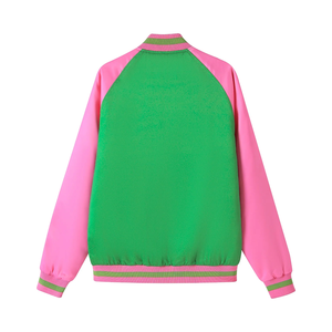 Blouson Bomber en Satin Vert et Rose Vif, Brillant, Style Fraternité Grecque, Streetwear, Imperméable, Réversible, Printemps, Varsity, Urbain, Bordures Côtelées - Product Image 2