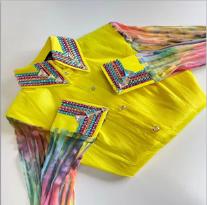 Chemise Western Show avec manches transparentes Taffetas extensible Noir Cuivre Rose Bleu Vert Orange Cristal Détail du col et des poignets - Product Image 1