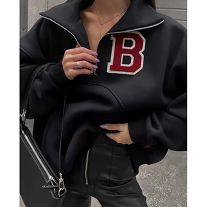 Logo personnalisé polaire femmes pull décontracté épais coton biologique noir demi-fermeture éclair à capuche brodé mode à capuche pour les femmes - Product Image 1