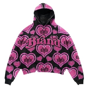 เสื้อมีฮู้ดพิมพ์ลายหัวใจโอเวอร์ไซส์ดีไซน์แบบสวมหัวลายกราฟิกสีชมพู - Product Image 4