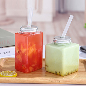 Botella de bebida de plástico de forma cuadrada PET lista para enviar con varios tamaños con tapa de aluminio con orificio de paja Fábrica de Vietnam - Product Image 2