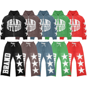 Ensemble de survêtement streetwear d'hiver délavé à l'acide avec pantalon de survêtement évasé et sweat à capuche à patchs effet vieilli - Product Image 6